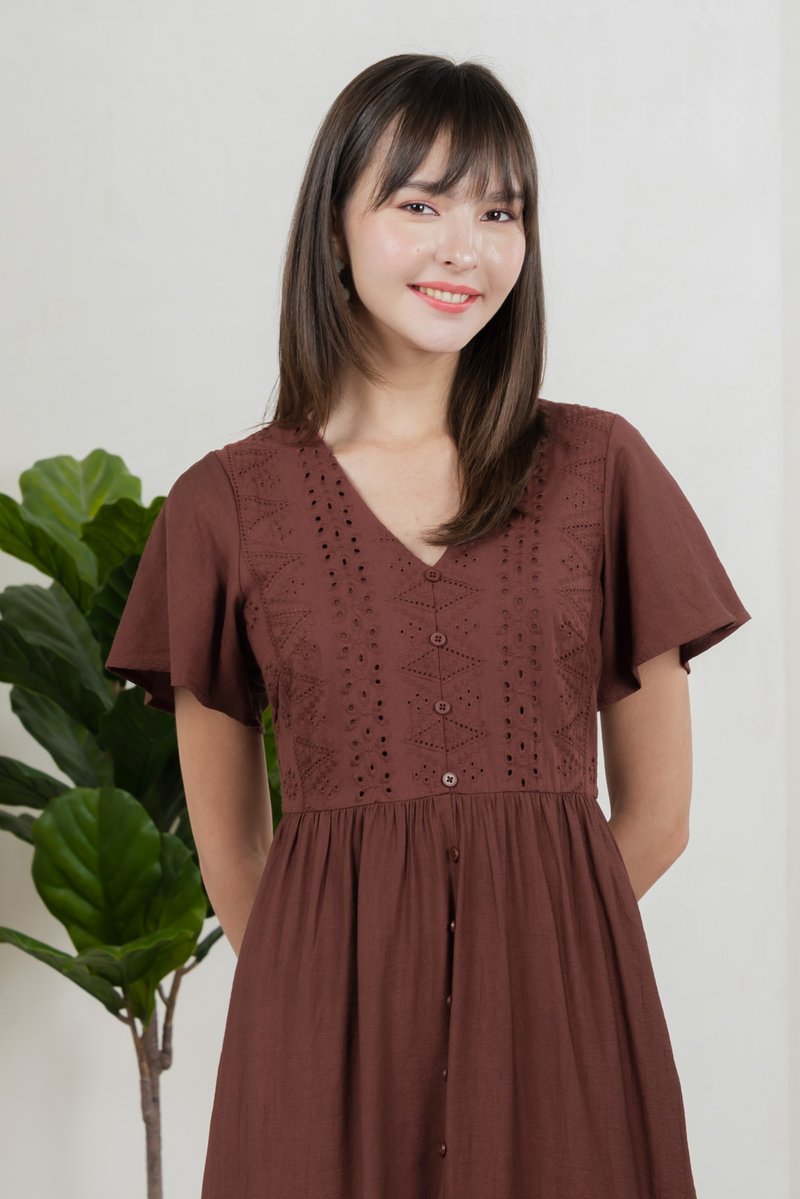 Murphy Eyelet Button Midi Dress In Brown