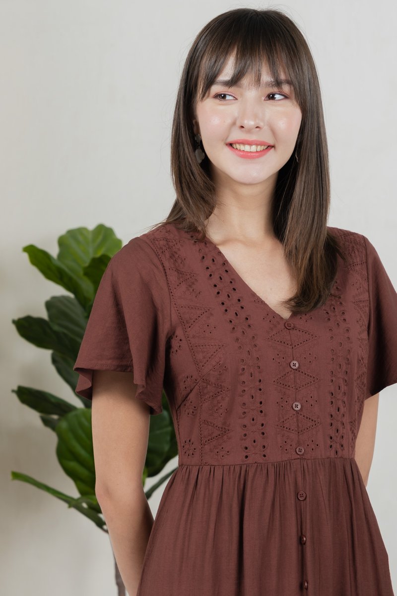 Murphy Eyelet Button Midi Dress In Brown