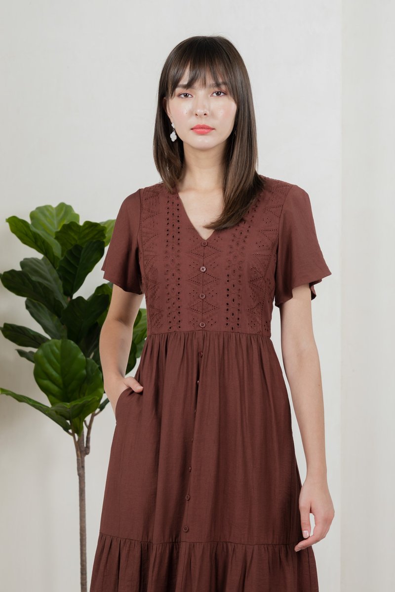 Murphy Eyelet Button Midi Dress In Brown
