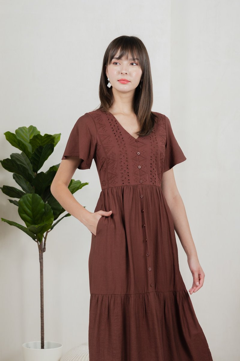 Murphy Eyelet Button Midi Dress In Brown