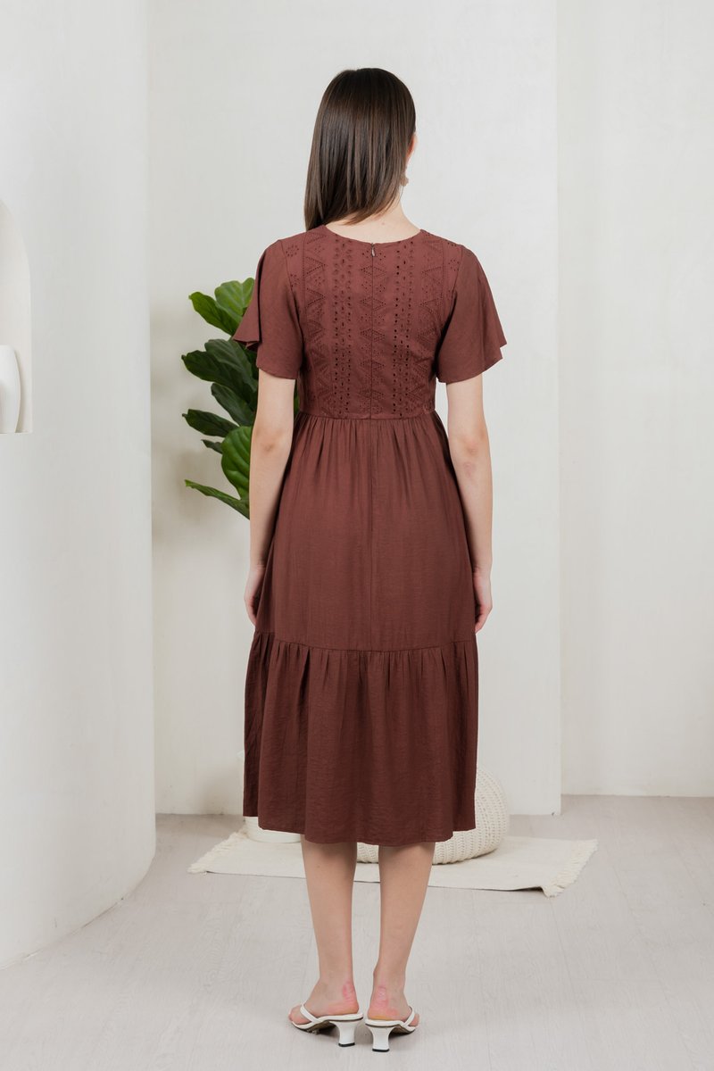 Murphy Eyelet Button Midi Dress In Brown