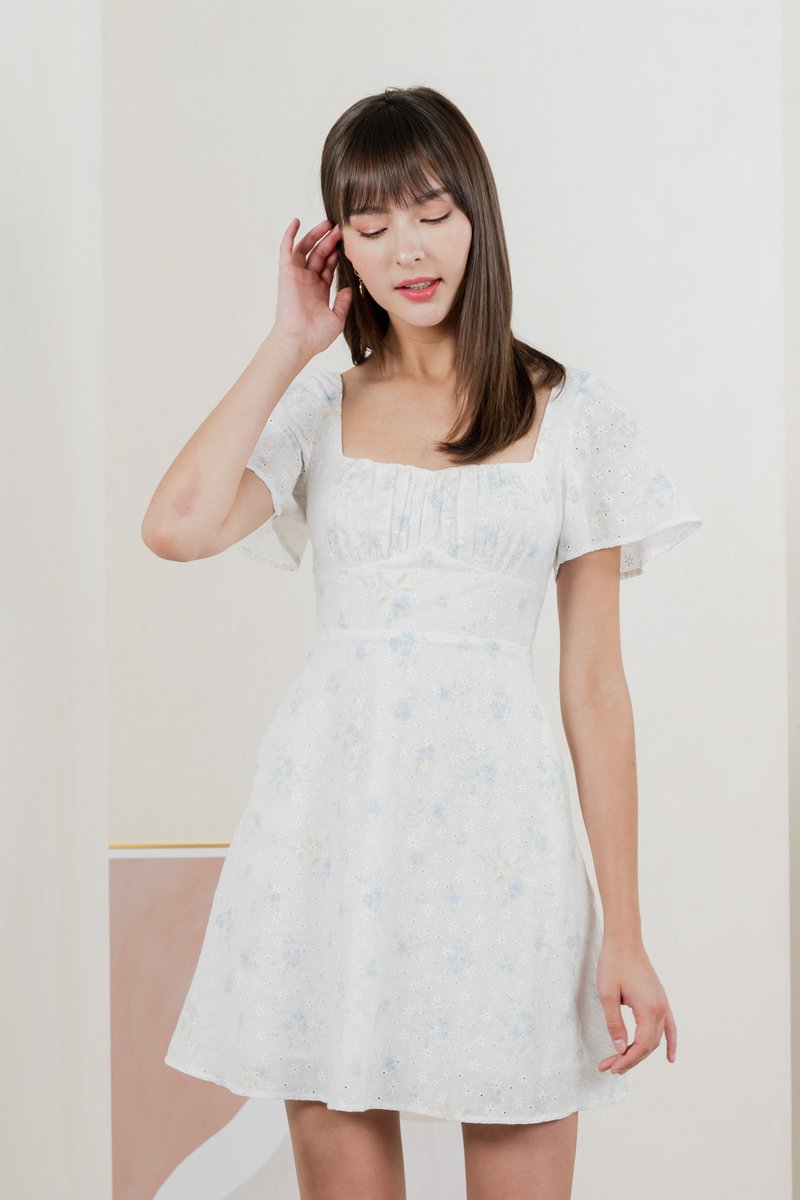 Inessa Floral Eyelet Empire Dress In Blue (XS)