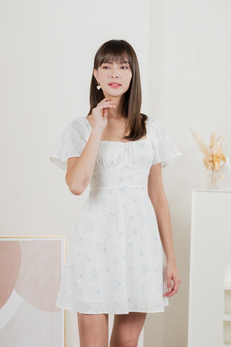 Inessa Floral Eyelet Empire Dress In Blue (XS)