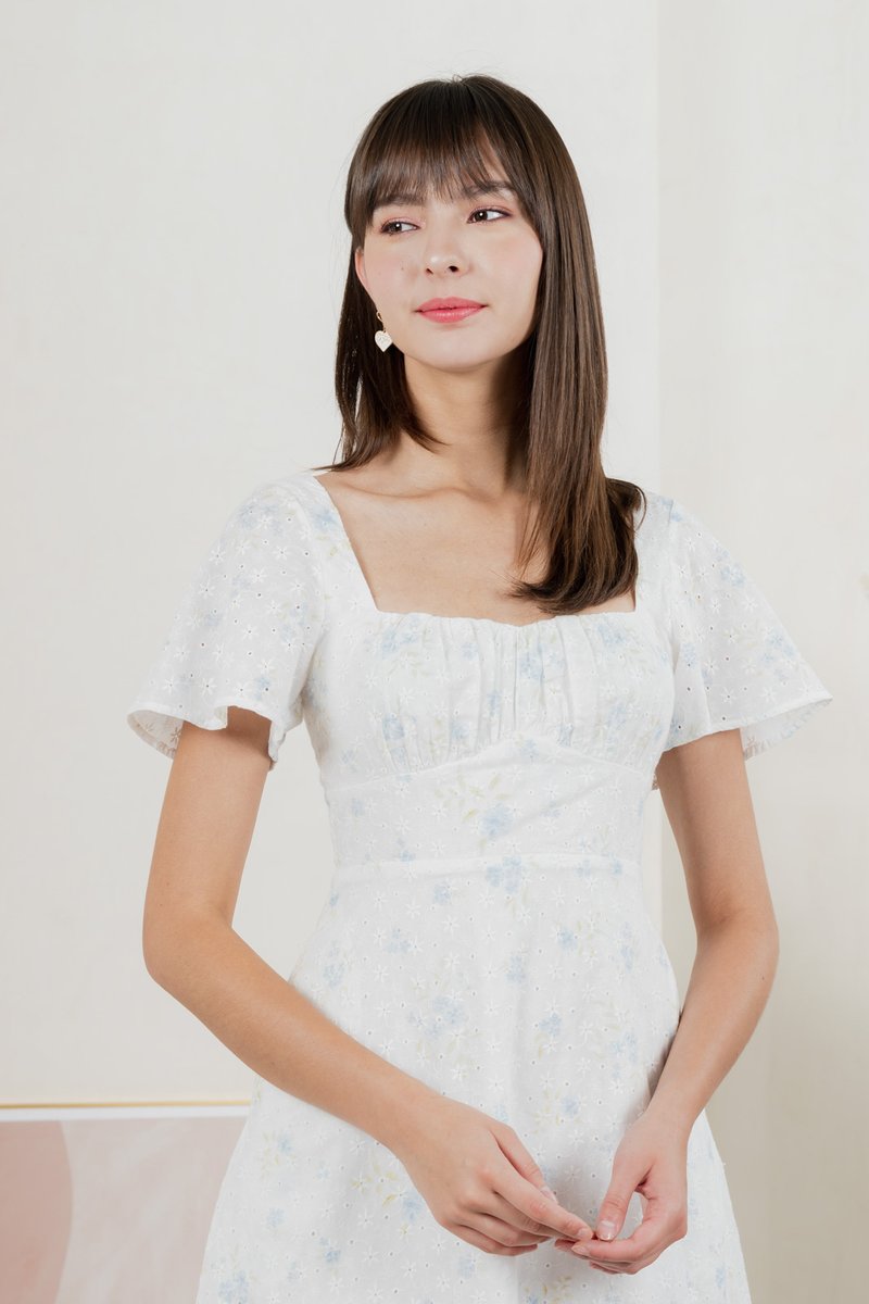 Inessa Floral Eyelet Empire Dress In Blue (XS)