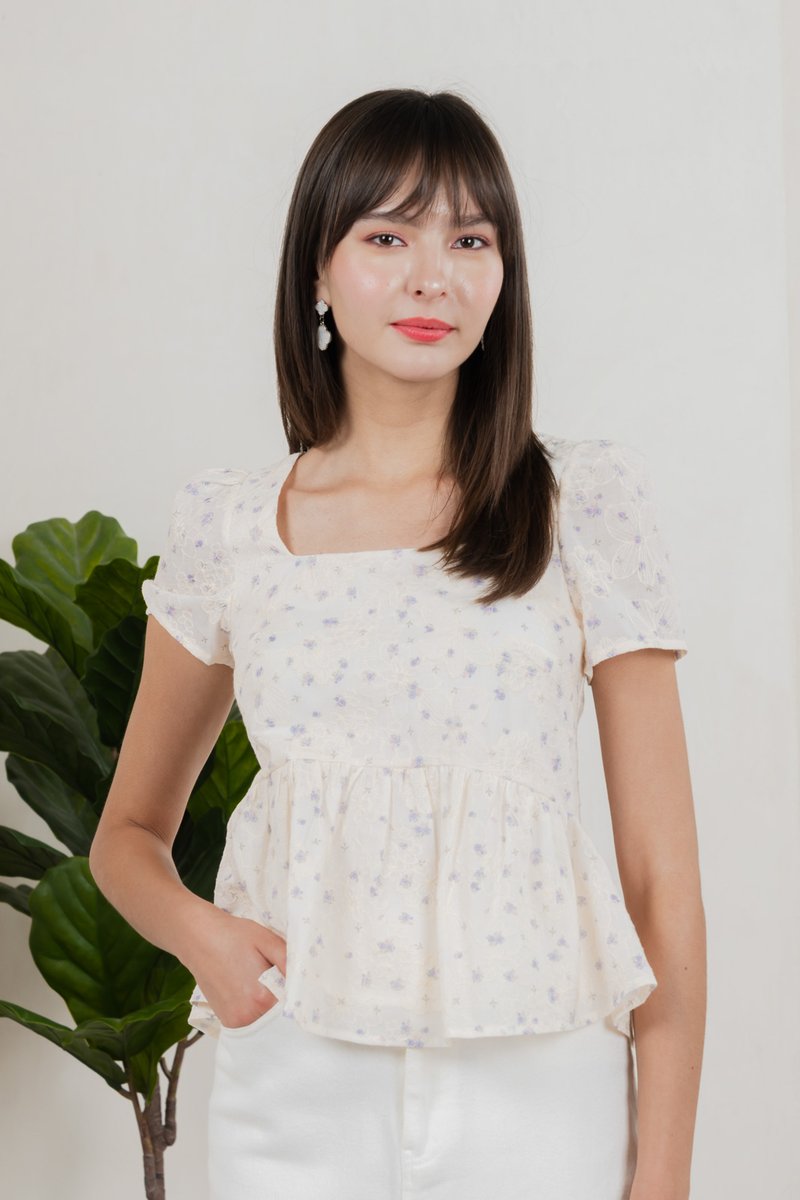 Gaia Floral Embroidery Babydoll Top In Cream (XS)