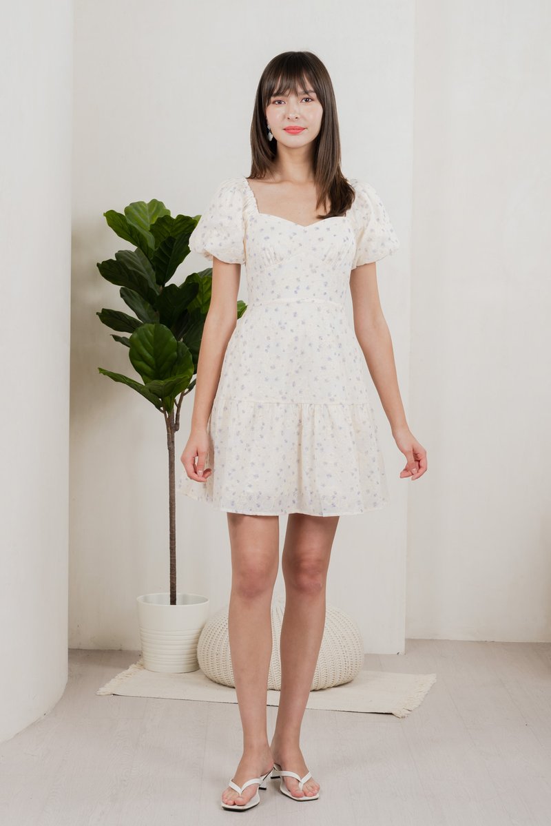 Gaia Floral Embroidery Empire Dress In Cream