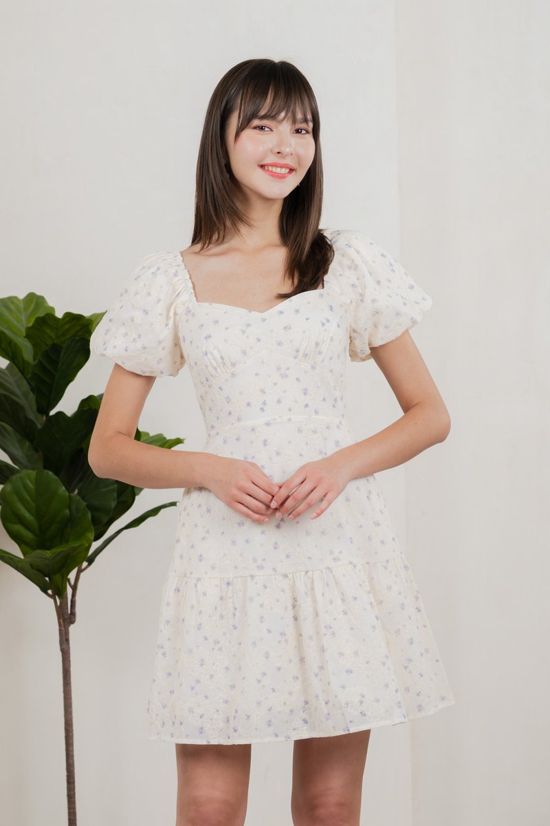 Gaia Floral Embroidery Empire Dress In Cream
