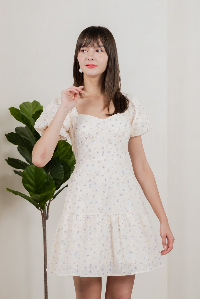Gaia Floral Embroidery Empire Dress In Cream