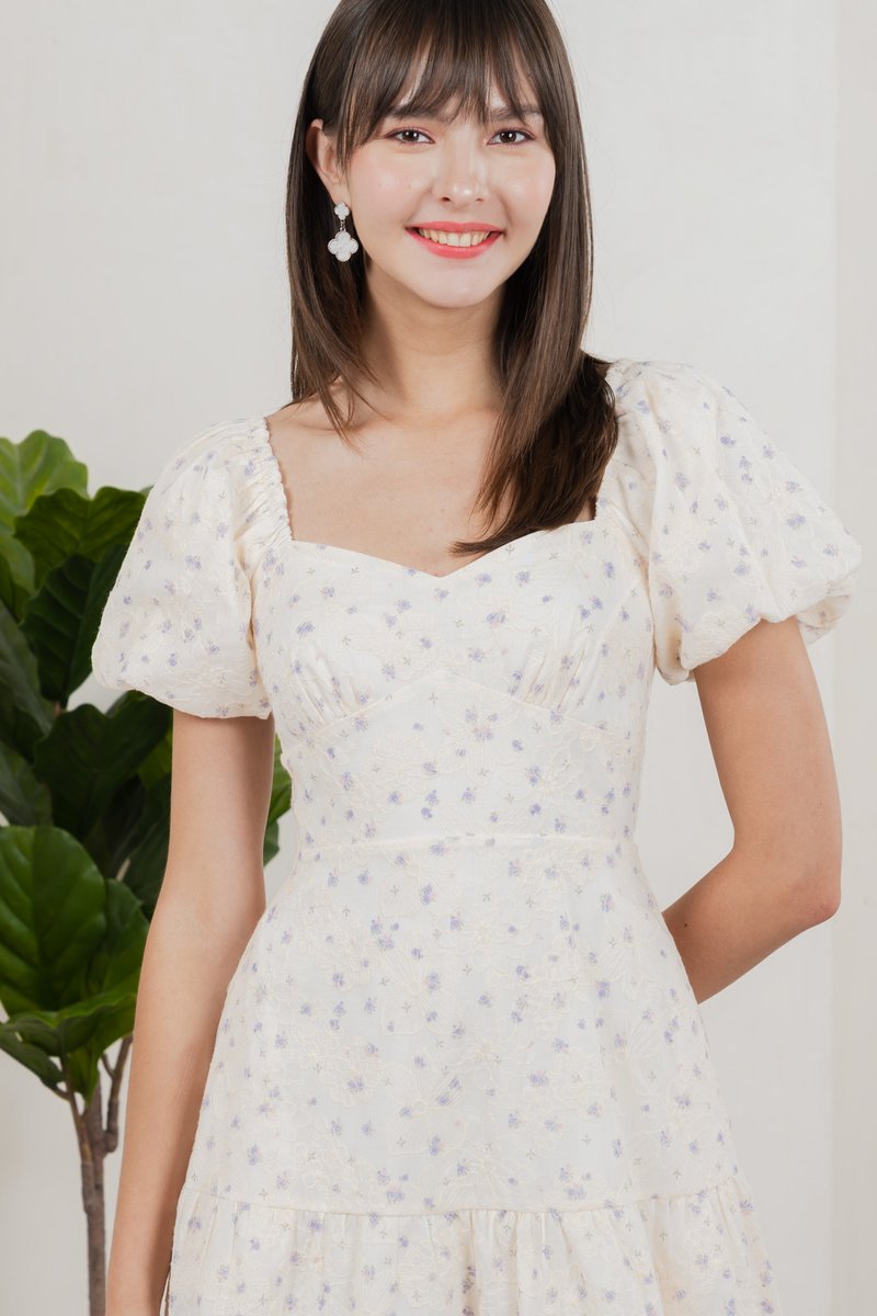 Gaia Floral Embroidery Empire Dress In Cream