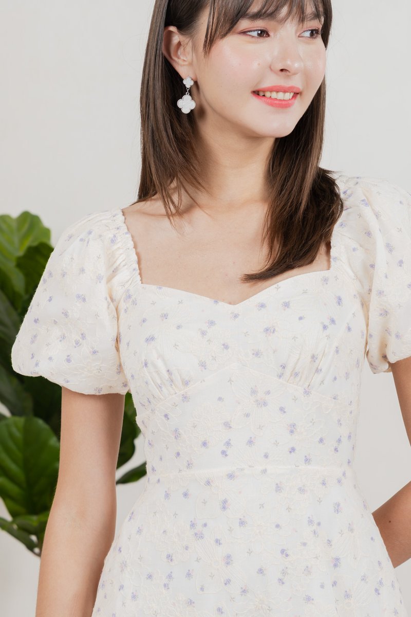 Gaia Floral Embroidery Empire Dress In Cream