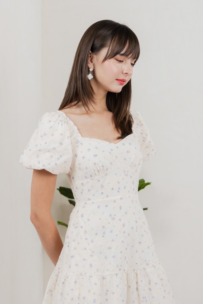 Gaia Floral Embroidery Empire Dress In Cream