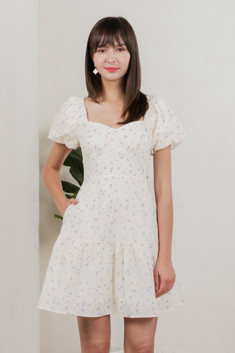 Gaia Floral Embroidery Empire Dress In Cream