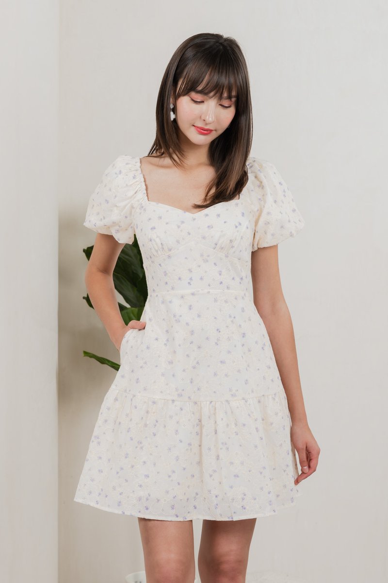Gaia Floral Embroidery Empire Dress In Cream