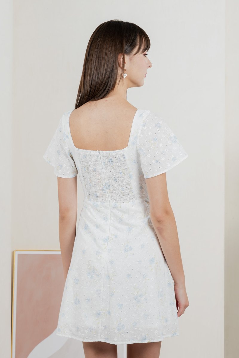 Inessa Floral Eyelet Empire Dress In Blue (XS)