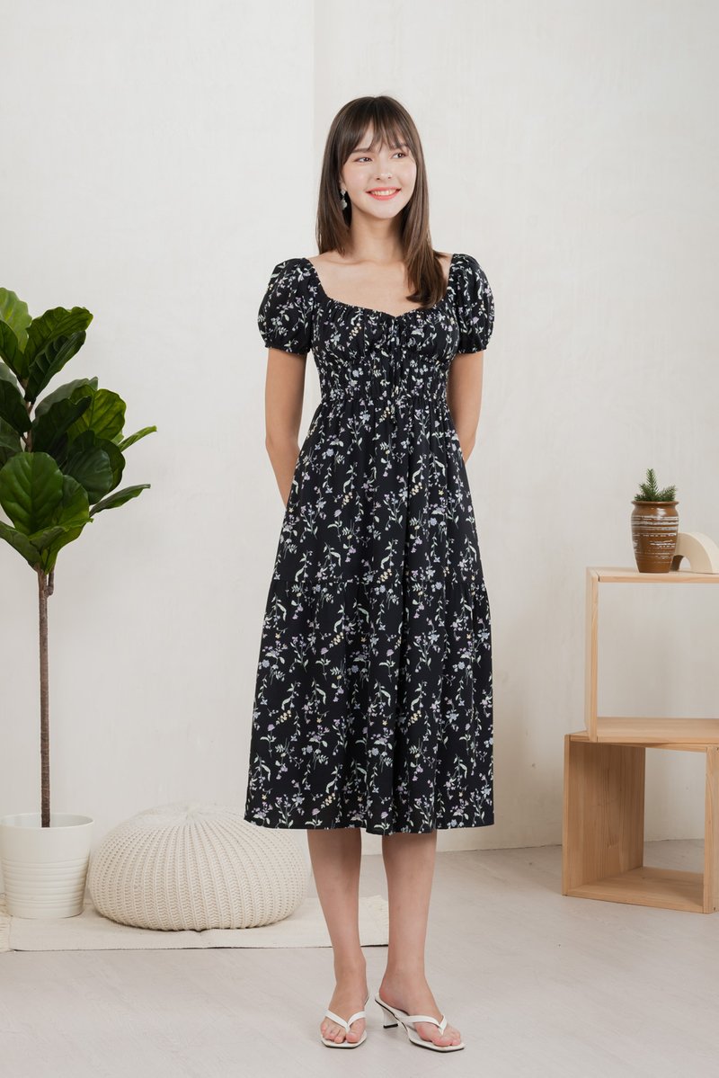 Tayra Floral Ruched Midi Dress In Black