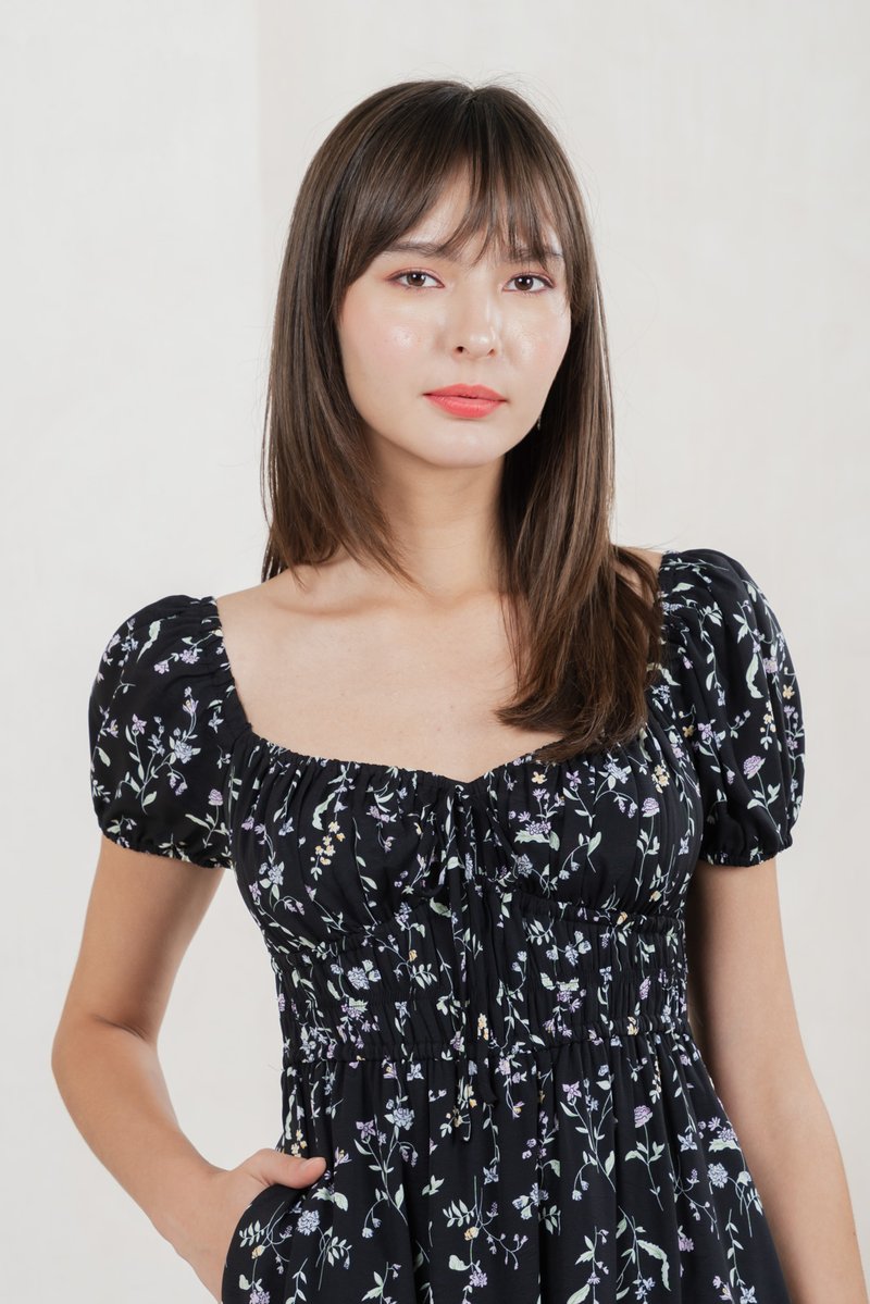 Tayra Floral Ruched Midi Dress In Black