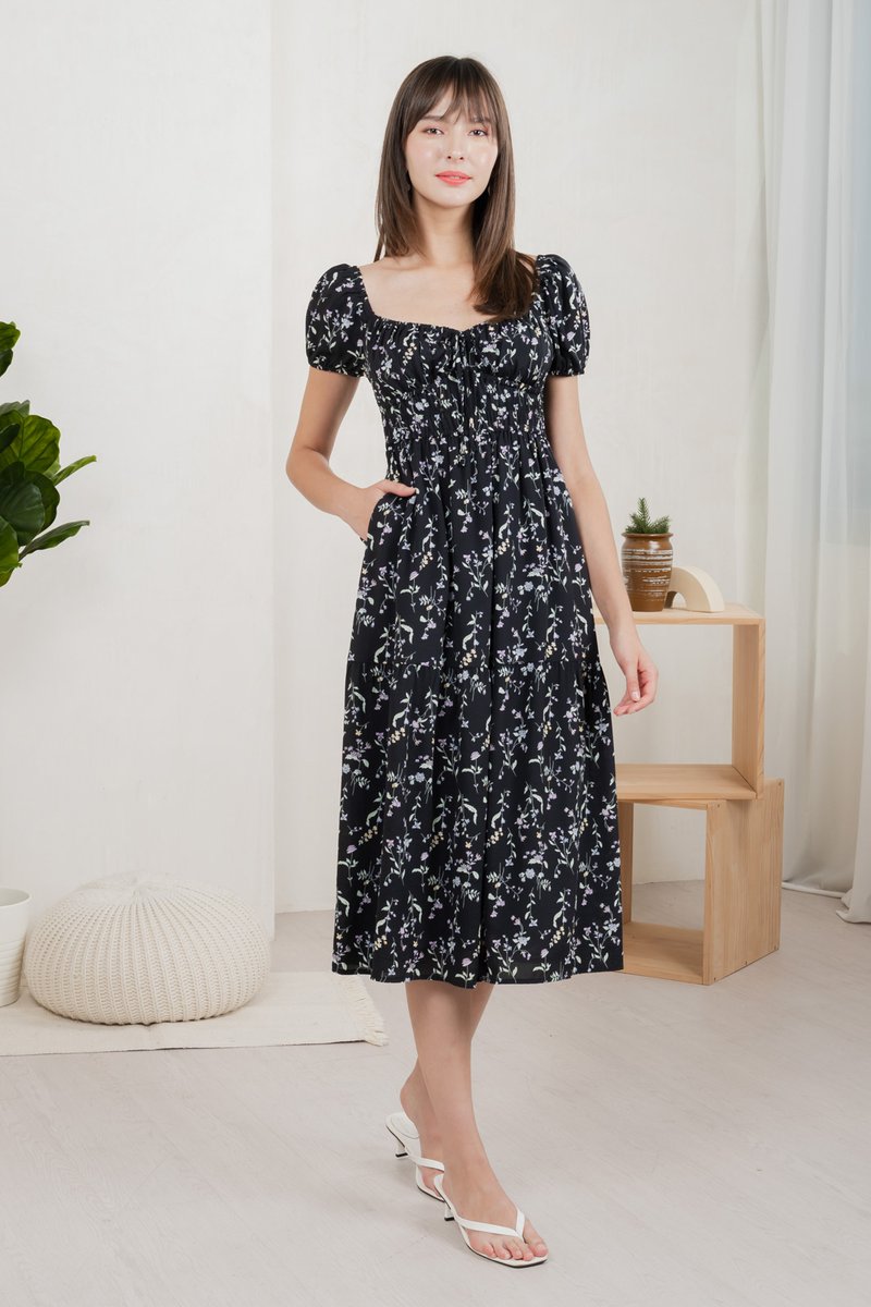 Tayra Floral Ruched Midi Dress In Black