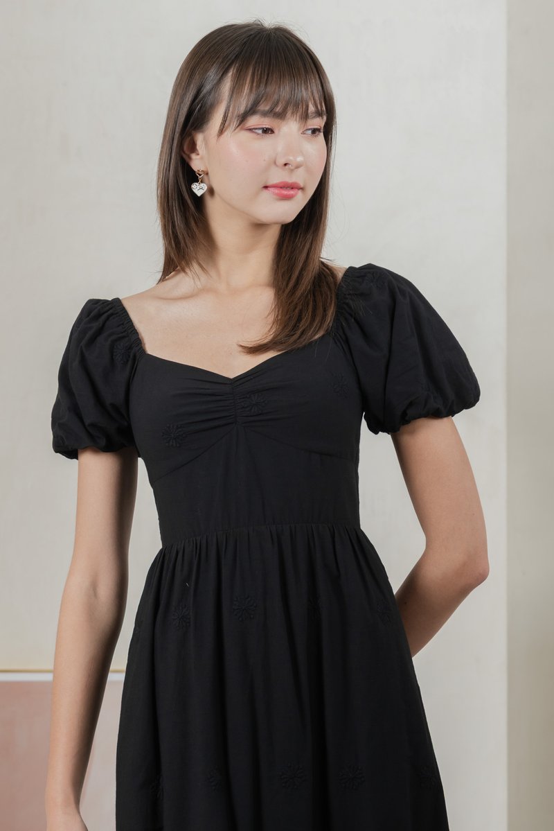 Enchant Embroidered Empire Midi Dress In Black