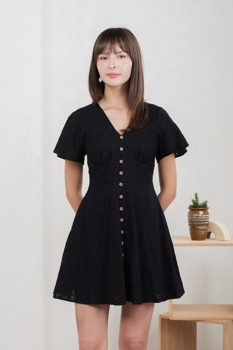 Era Eyelet Buttons Dress In Black