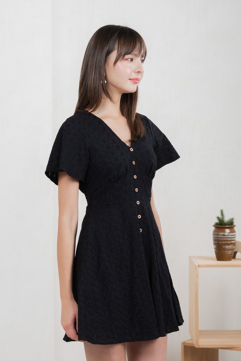 Era Eyelet Buttons Dress In Black