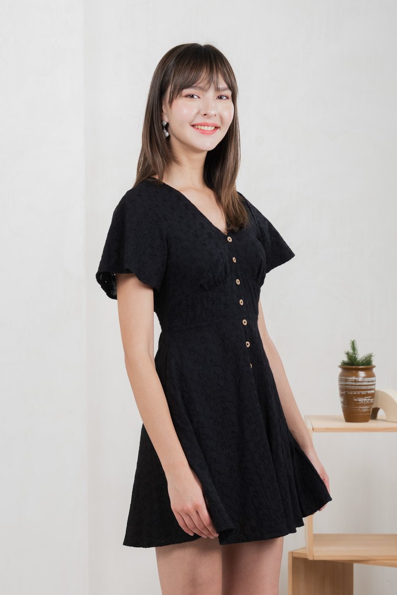Era Eyelet Buttons Dress In Black