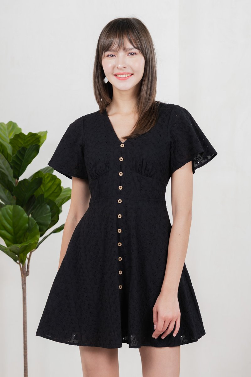 Era Eyelet Buttons Dress In Black