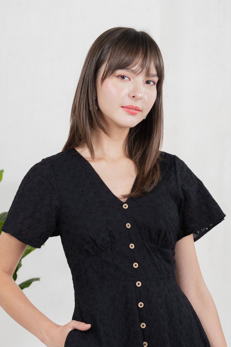 Era Eyelet Buttons Dress In Black