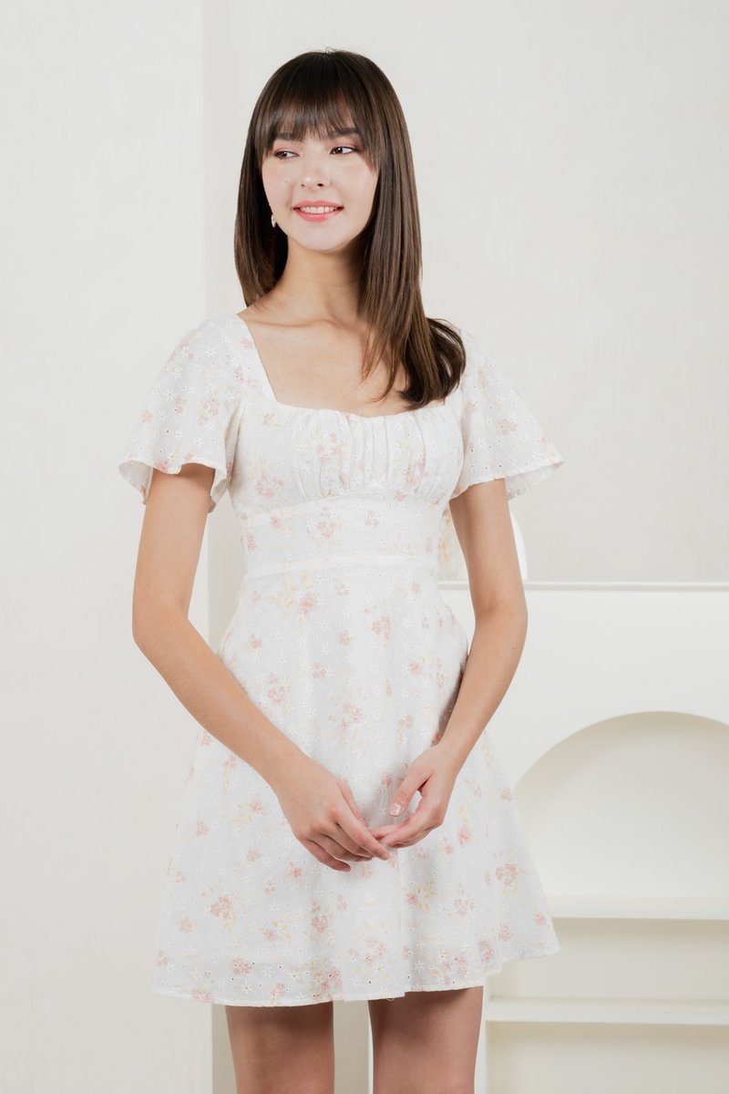 Inessa Floral Eyelet Empire Dress In Pink