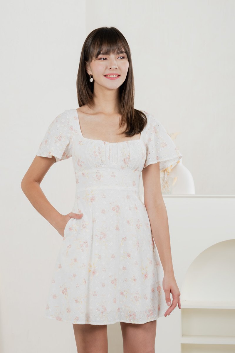 Inessa Floral Eyelet Empire Dress In Pink