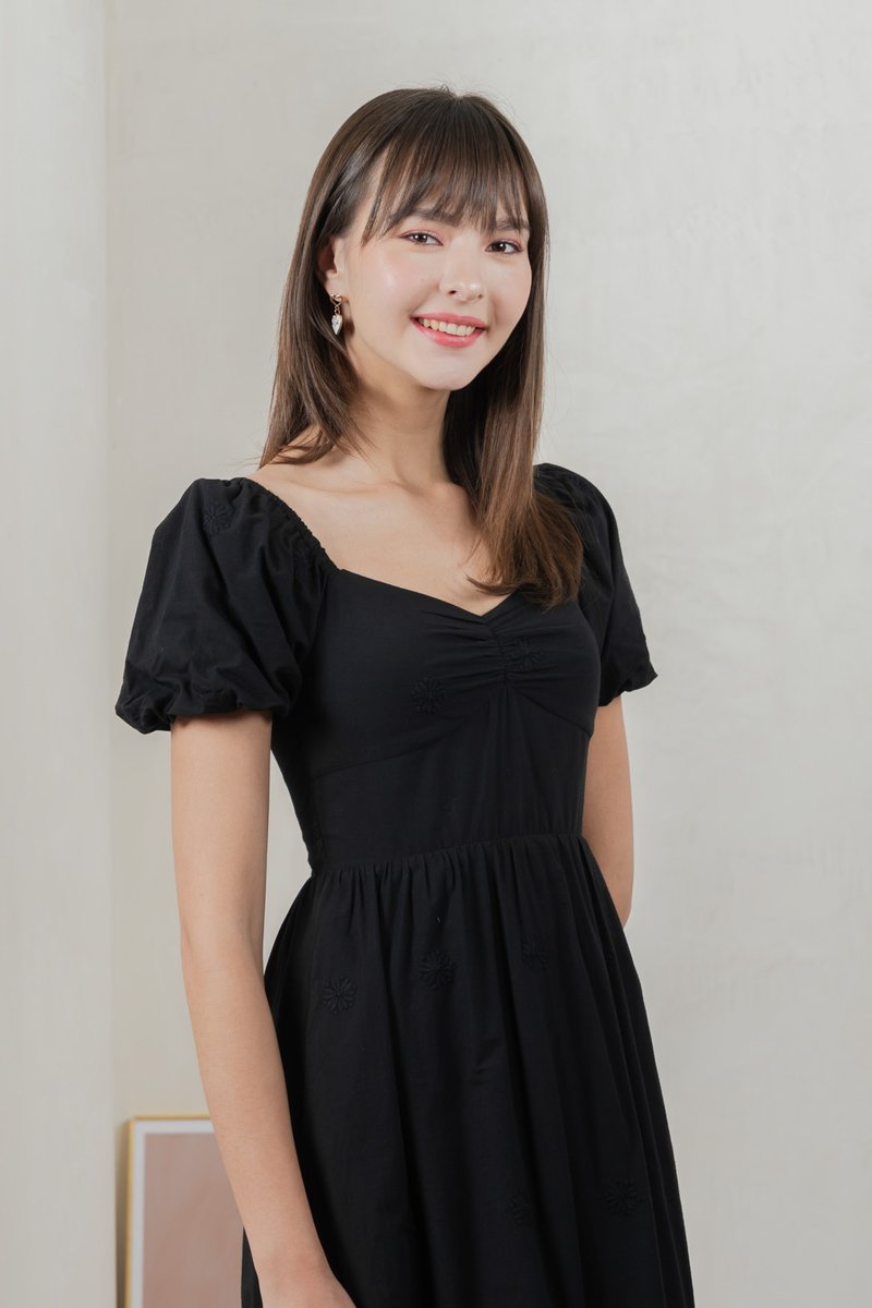 Enchant Embroidered Empire Midi Dress In Black