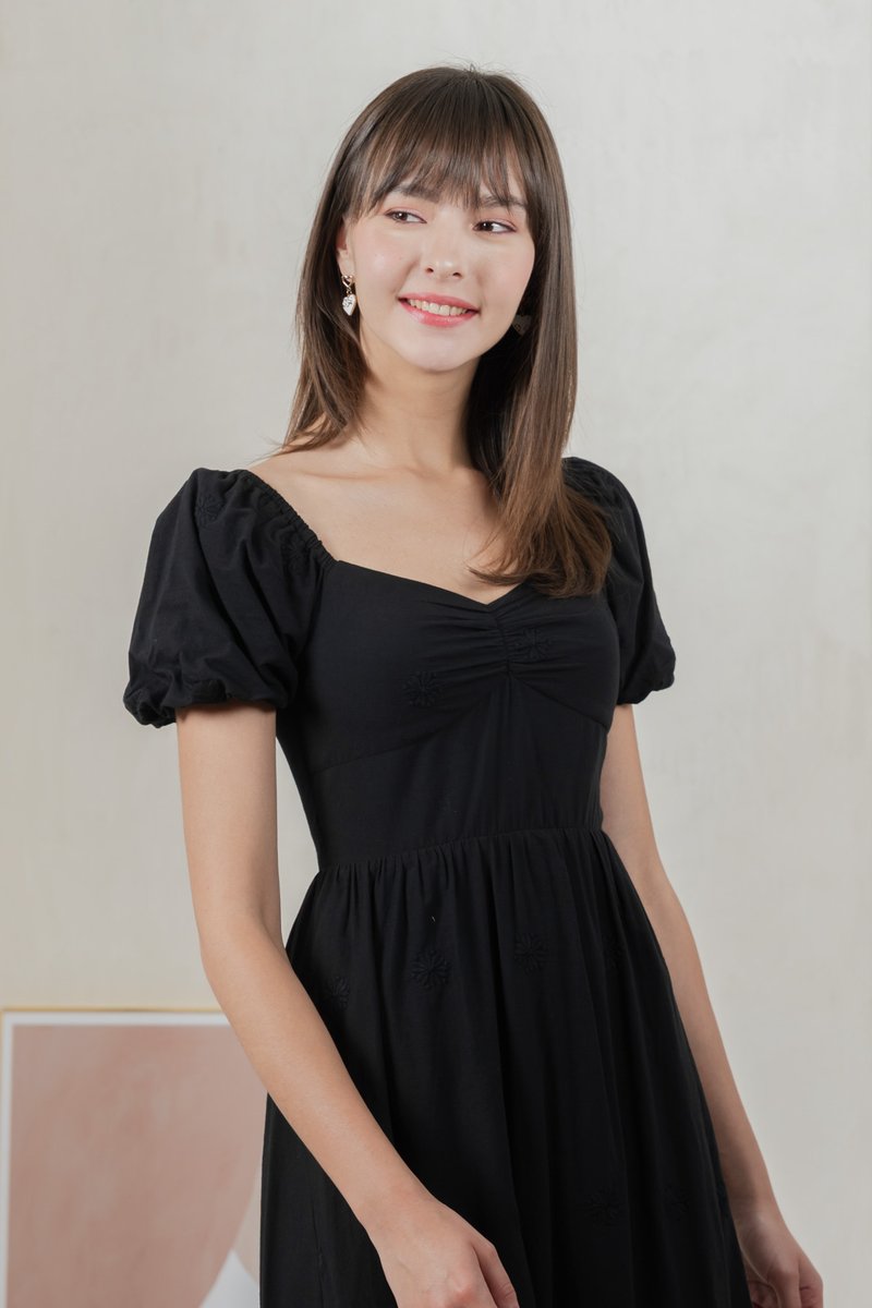 Enchant Embroidered Empire Midi Dress In Black