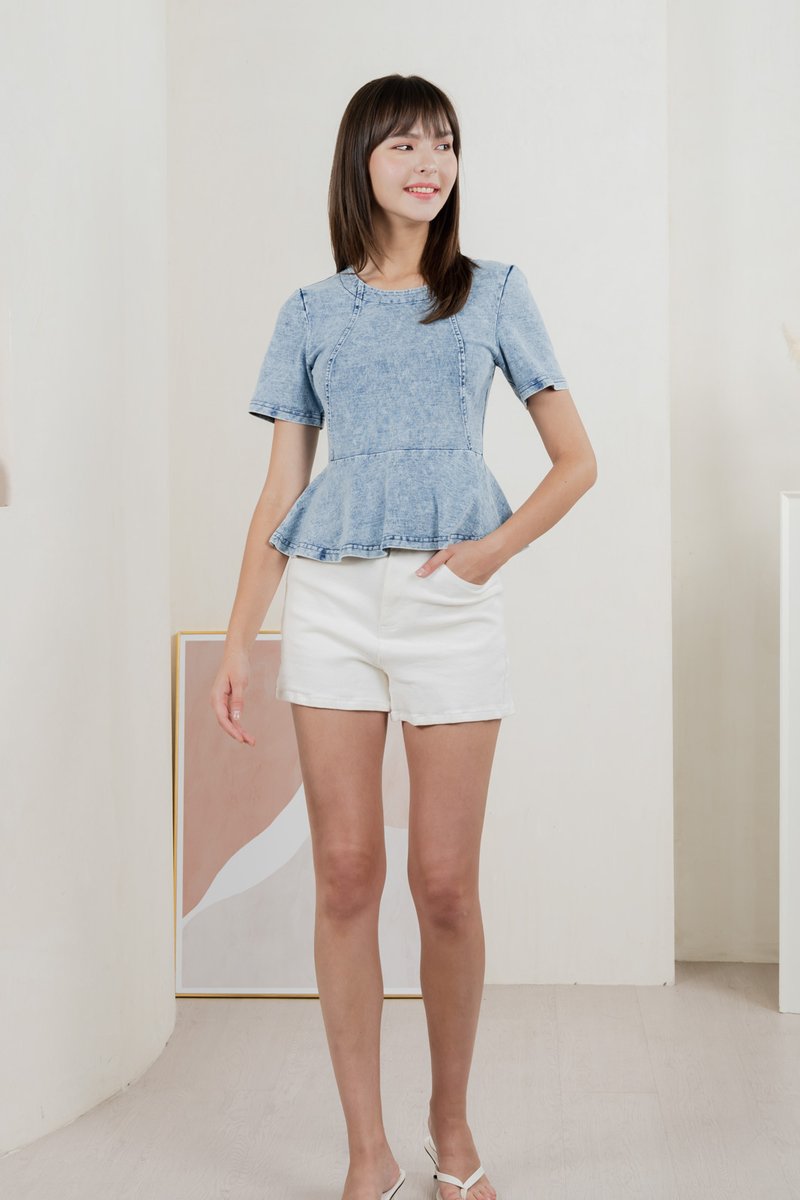Diamond Denim Peplum Top In Acid Wash