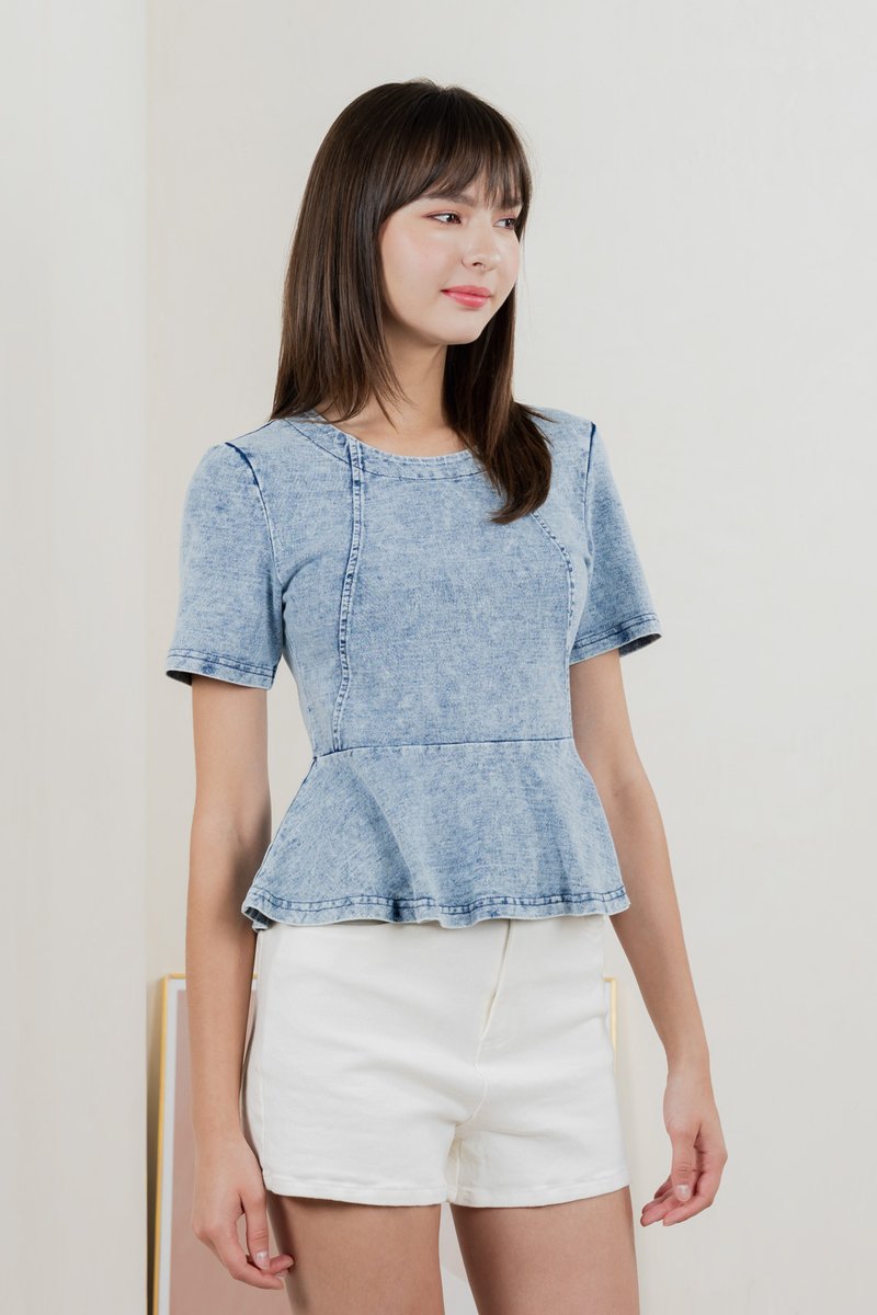 Diamond Denim Peplum Top In Acid Wash