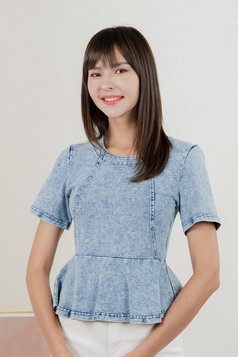 Diamond Denim Peplum Top In Acid Wash