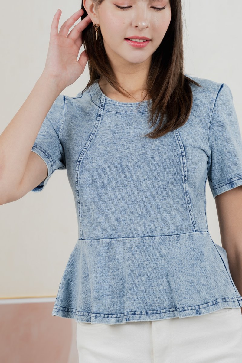 Diamond Denim Peplum Top In Acid Wash