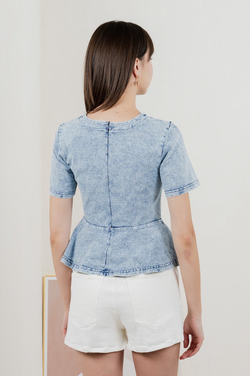 Diamond Denim Peplum Top In Acid Wash