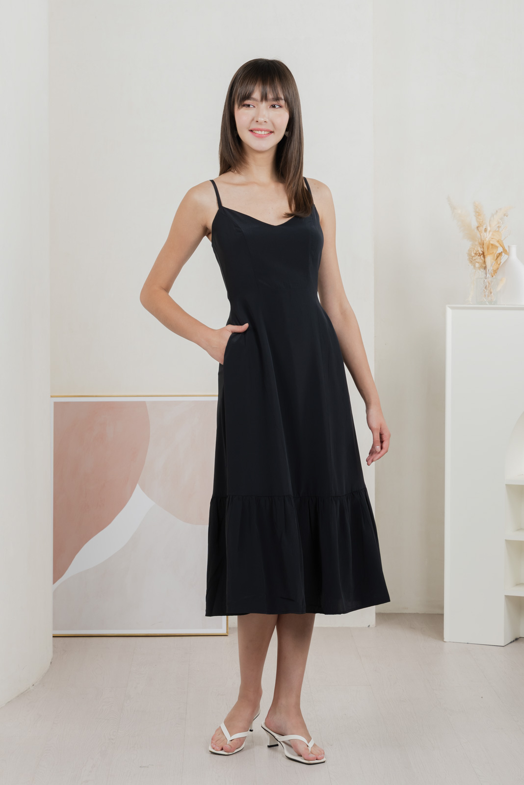 Callisto Texture Camisole Midi Dress In Black