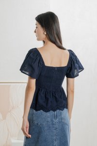 Brinia Ribbon Eyelet Button Top In Navy