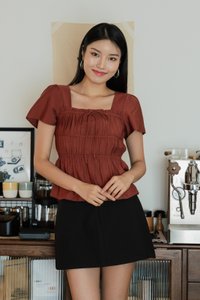 Mari Ruched Ribbon Top In Rust