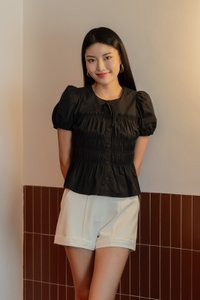 Hana Ruched Button Top In Black