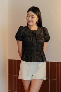 Hana Ruched Button Top In Black