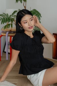 Hana Ruched Button Top In Black