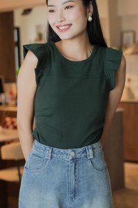 Winfred Side Ruched Cotton Top In Forest