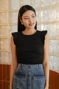 Winfred Side Ruched Cotton Top In Black