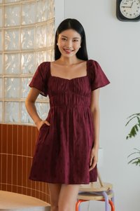 Ashby Eyelet Ruched Dress In Wine