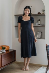 Phaedra Ribbon Lace Midi Dress In Navy (S)