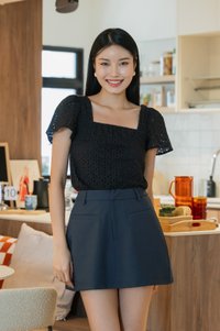 Selina Eyelet Square Neck Top In Black