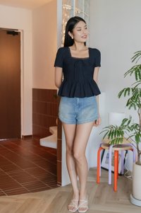 Jones Pintuck Lacey Ribbon Top In Navy