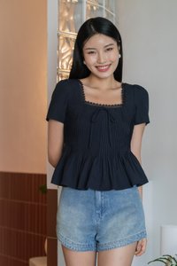 Jones Pintuck Lacey Ribbon Top In Navy