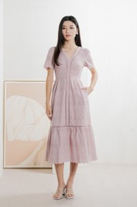 Lindsay Eyelet V neck Midi Dress In Pink (XS)